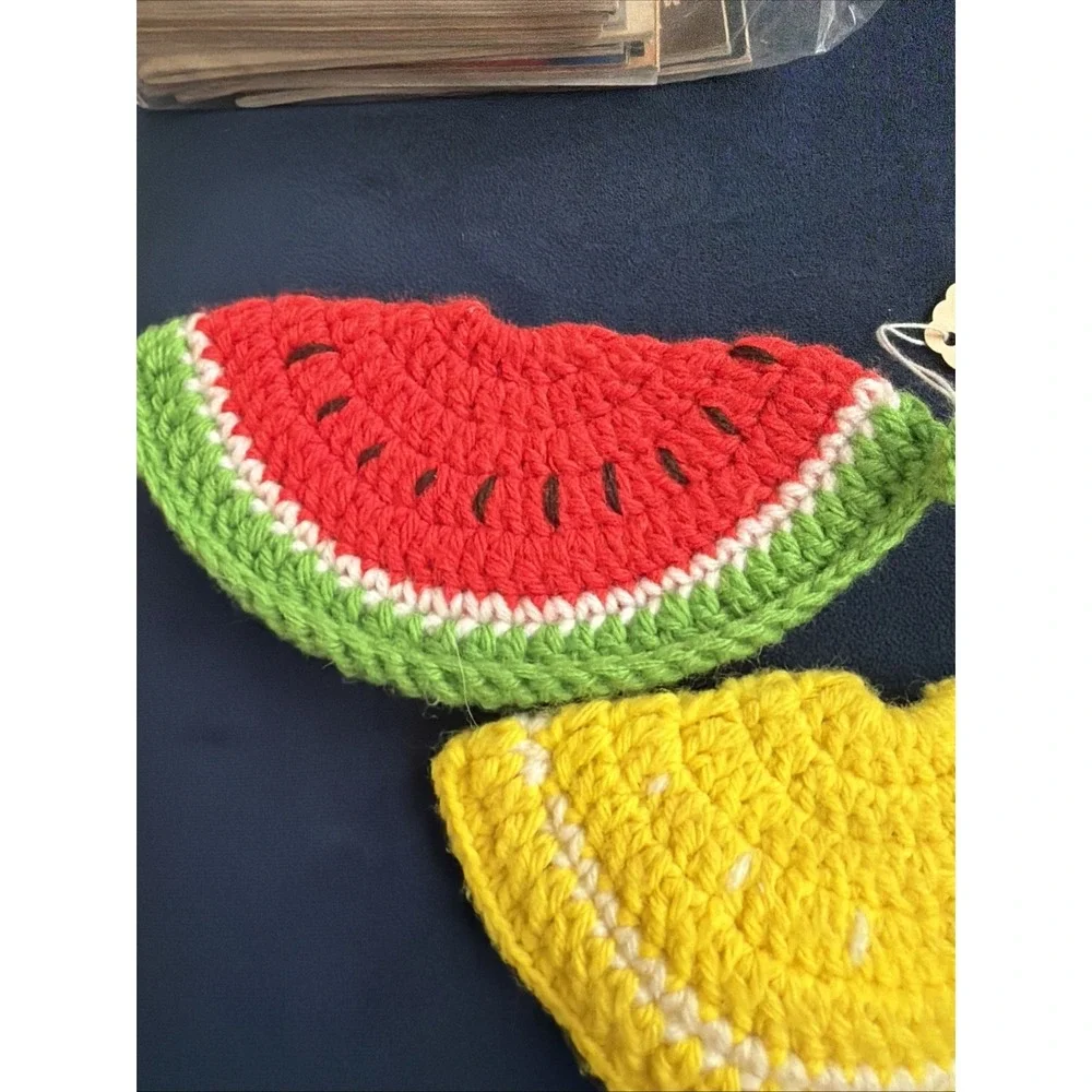 Vtg Lot Of 3 Handmade Crocheted Watermelon, Lemon, Rainbow Potholders 7